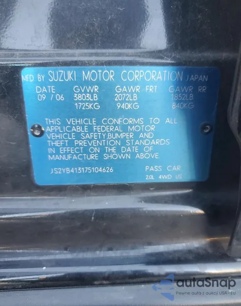 2007 Suzuki Sx4 z USA, uszkodzony, nr VIN JS2YB413175104626